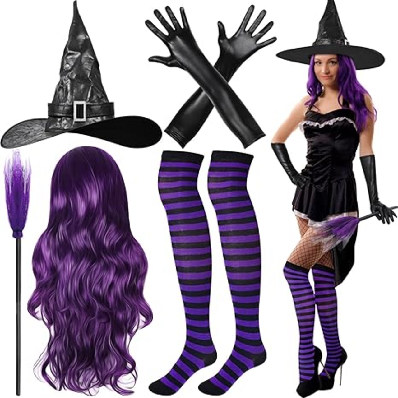 5 Pcs Womens Halloween Witch Costumes Set 2024 Adult Wig Hats Broom Gloves Stockings for Girl Party Cosplay Accessories